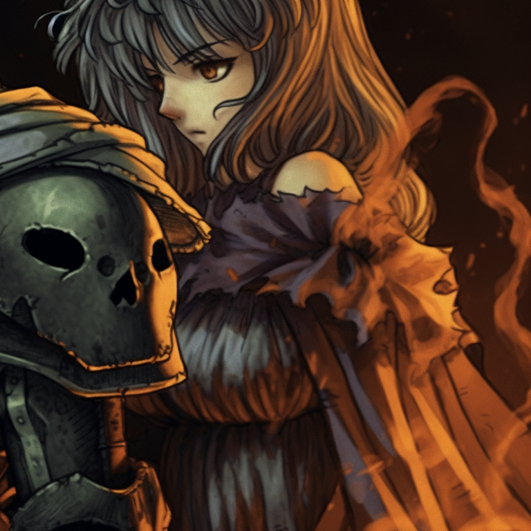 orange pumpkin and Casca mid-fight with sinister enemies, Halloween costumes visible, intense expressions berserk characters in halloween outfits pfps pfp for discord.