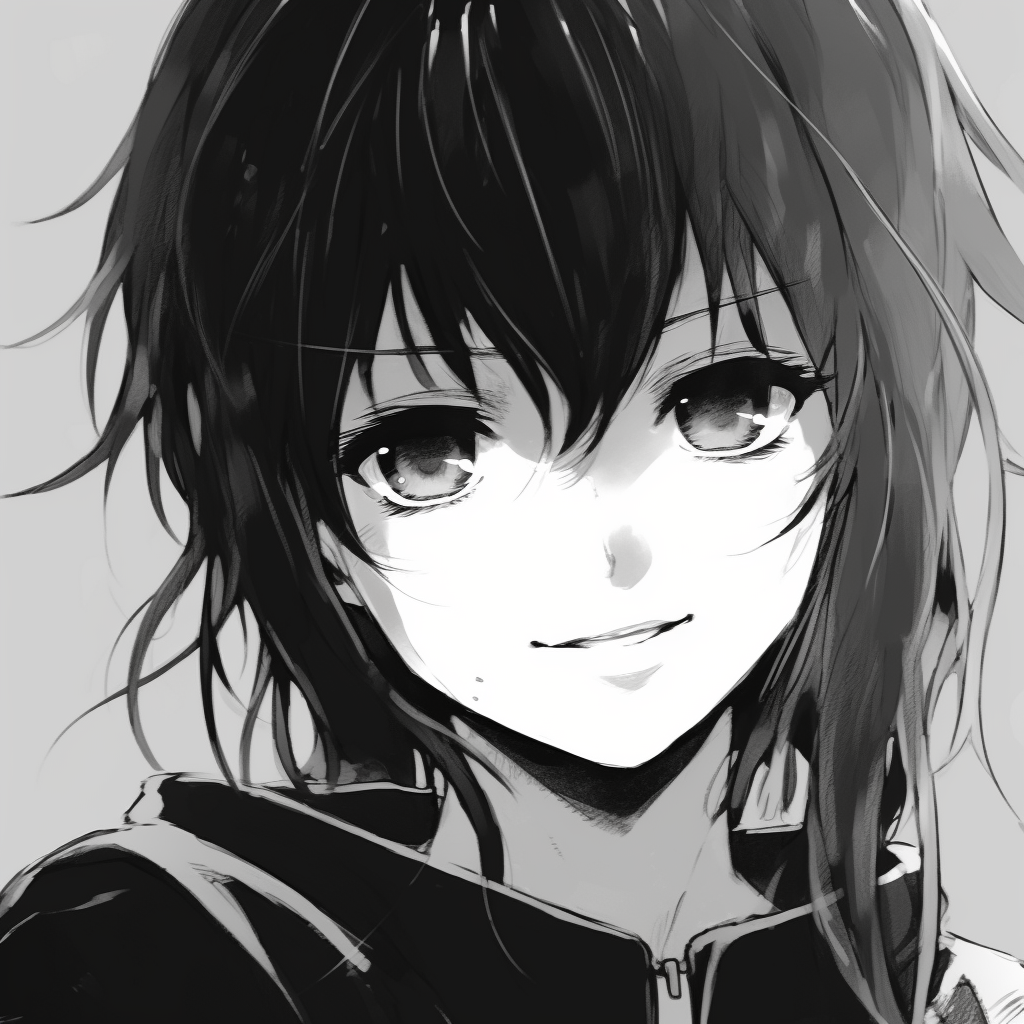 An anime character portrayed in a dynamic pose, highlighting the use of shading and balance between light and dark. black and white anime pfp manga