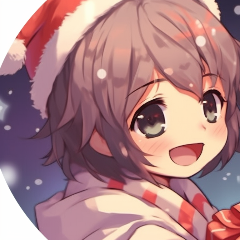Two characters under a mistletoe with matching scarves, exhibiting soft lighting and winter colors. fascinating matching cute aesthetic christmas pfp options pfp for discord.