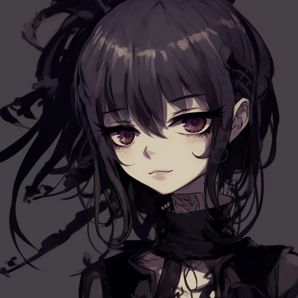 Close-up of a goth anime girl, highlighting the intensity of the eyes and detailed facial expressions. pfp concepts: goth anime pfp for discord.