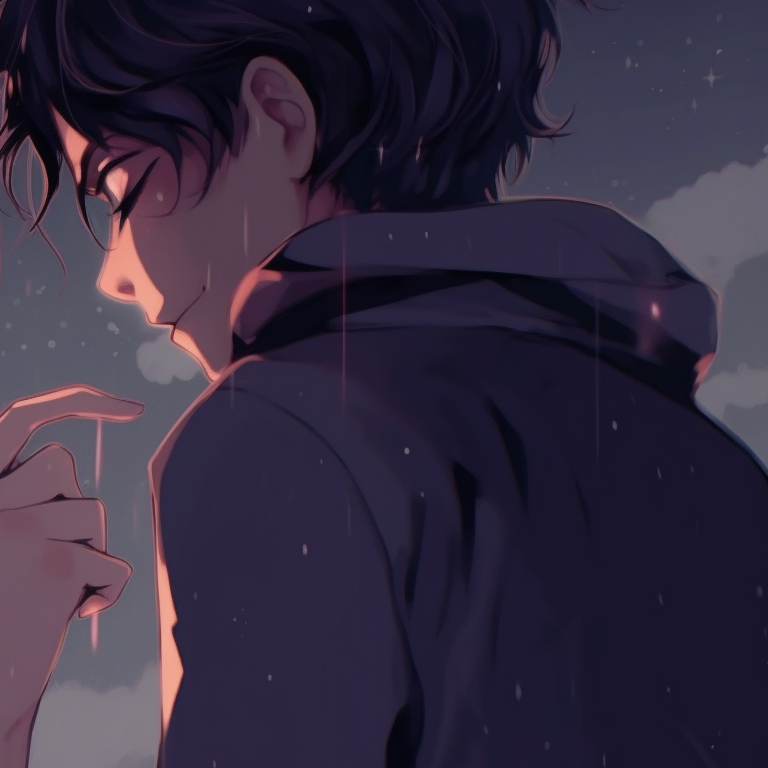 Two characters, luminous moon and stars in the background, cool color tones. anime matching pfp romantic couple pfp for discord.