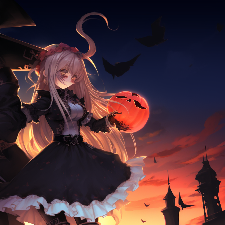 Two characters dressed in Halloween-themed outfits, abundant in orange and black hues, interacting on a moonlit background. genshin impact halloween theme cosplay pfp for discord.