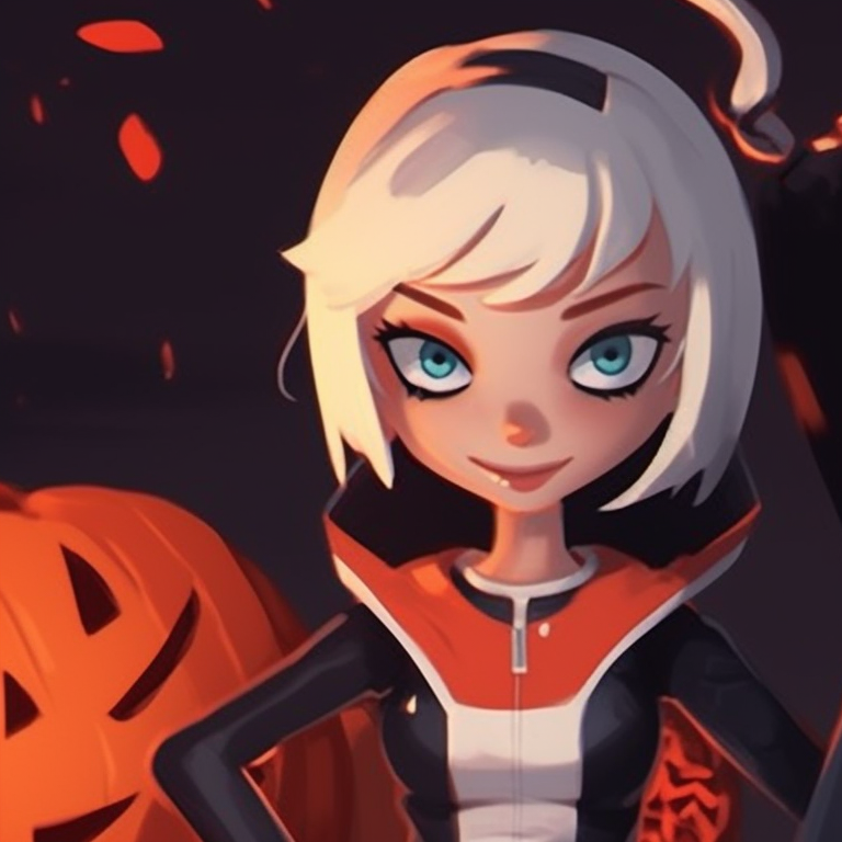 Close-up of Gwen and Miles, featuring Halloween elements, the color theme leans towards a darker palette. gwen and miles halloween theme matching wallpapers pfp for discord.