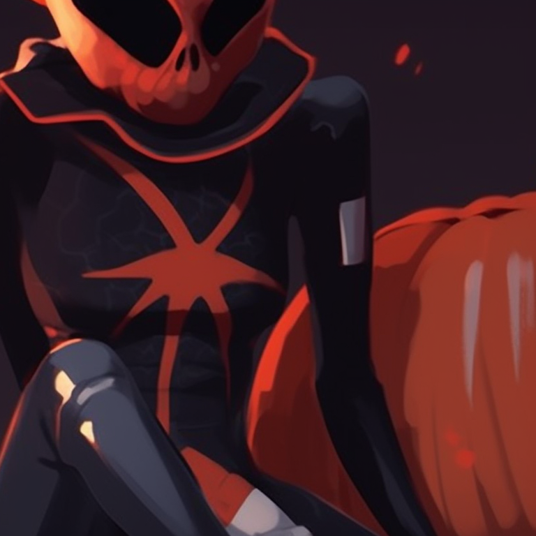 Close-up of Gwen and Miles, featuring Halloween elements, the color theme leans towards a darker palette. gwen and miles halloween theme matching wallpapers pfp for discord.