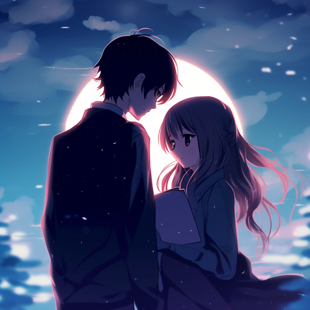 Anime couple embracing under the moonlight, muted blues and silhouettes. adorable anime couple pfp