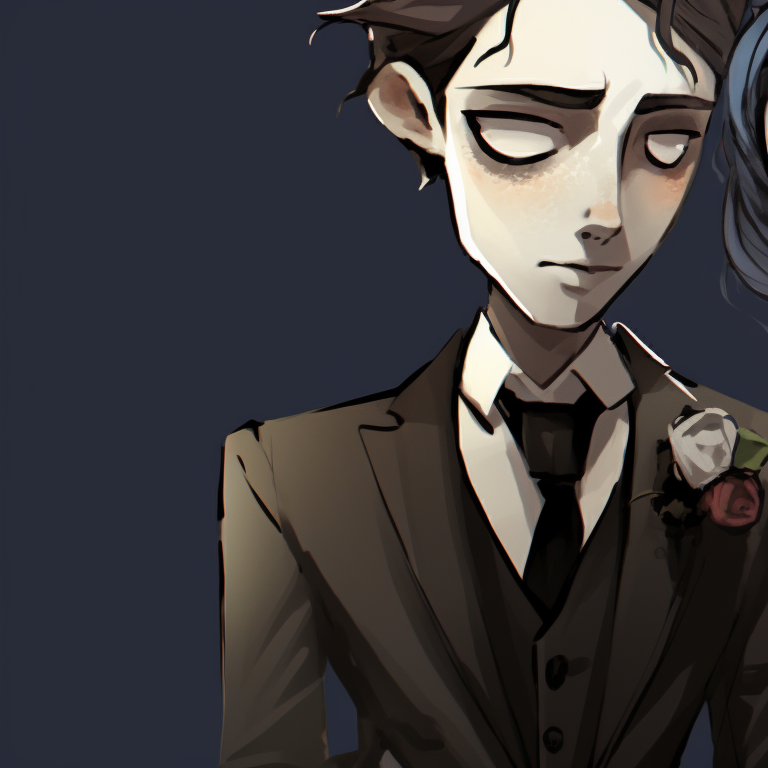 Two characters in wedding attire, muted tones and macabre theming, standing side-by-side. unique corpse bride pfp pfp for discord.