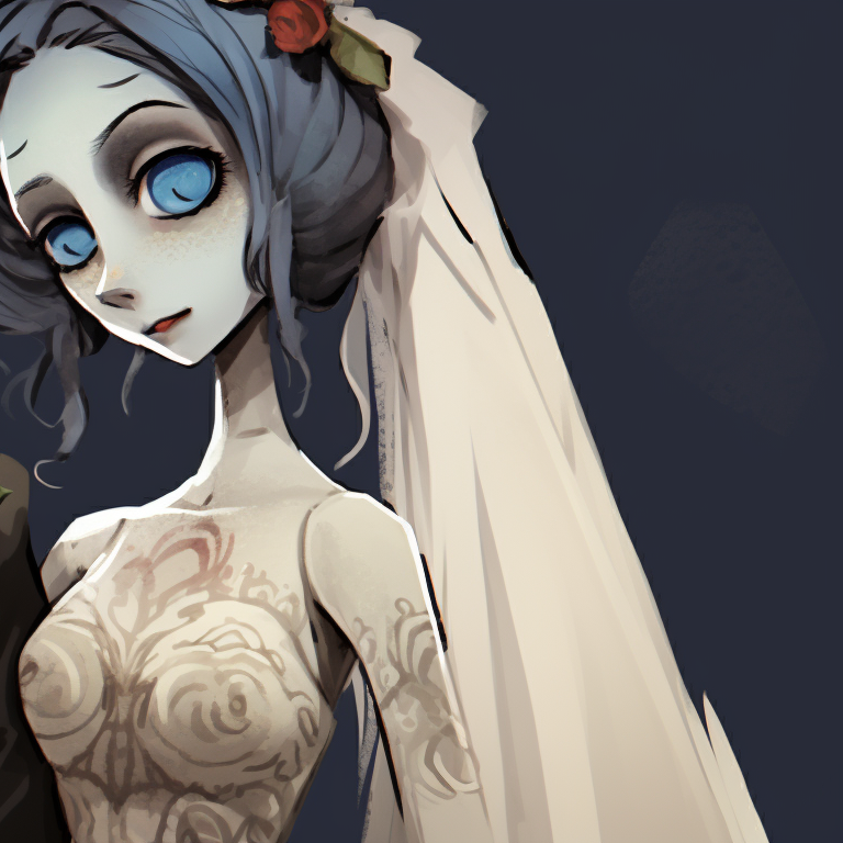 Two characters in wedding attire, muted tones and macabre theming, standing side-by-side. unique corpse bride pfp pfp for discord.