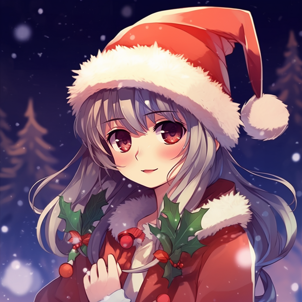 Anime character in a snowfall scene, white and cool hues dominantly present. cute christmas anime pfp