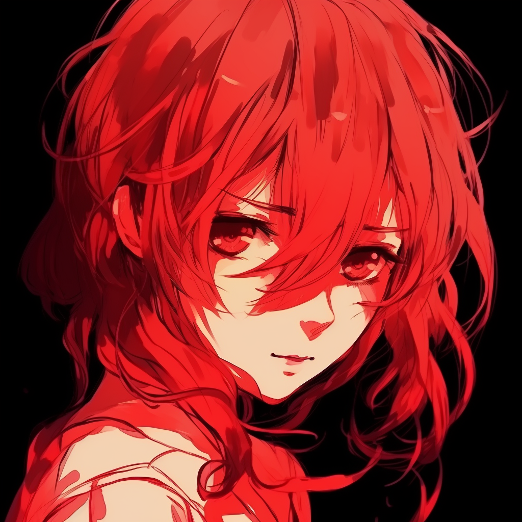 Profile picture of an anime girl characterized by her scarlet hair, detailed facial features, and pastel color grading. beautiful red anime girl pfp