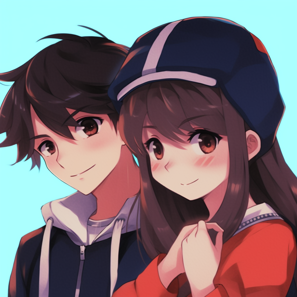 Shoulder shot of Ash and Misty, attention to clothing detail and upbeat expressions. dynamic duo in couple anime matching pfp pfp for discord.