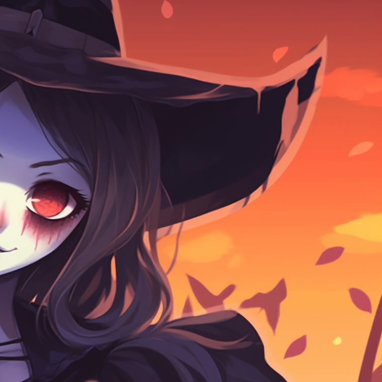 Two characters in matching pumpkin clothes, twinkling lights and autumn colors, warm expressions. unique halloween matching pfps pfp for discord.