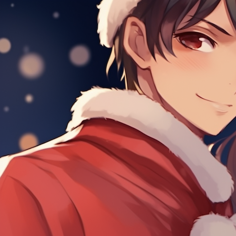 Two characters beneath a glowing Christmas tree, art style uses vivid colors, they are looking at each other with affection. romantic matching christmas couple pfp pfp for discord.