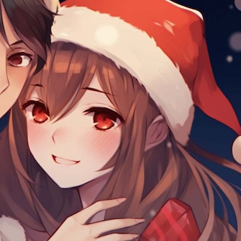 Two characters beneath a glowing Christmas tree, art style uses vivid colors, they are looking at each other with affection. romantic matching christmas couple pfp pfp for discord.