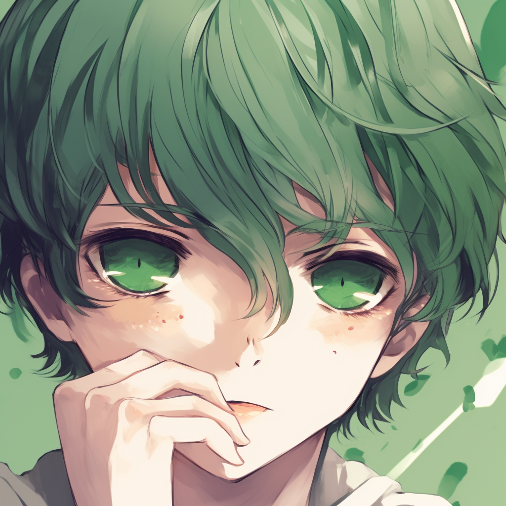 Sketch of an anime boy with elements of green, loose lines and vintage feel. emerald green anime pfp boy