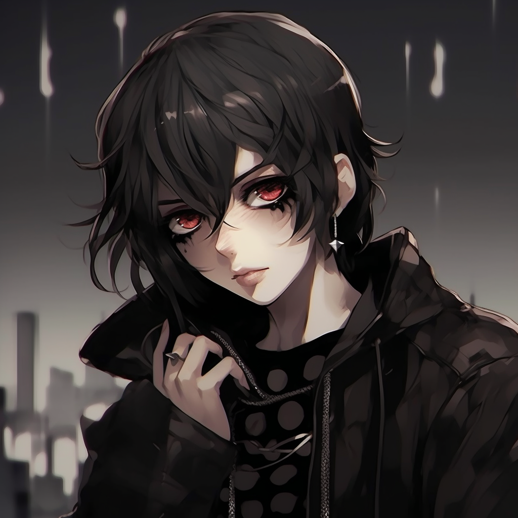 Close-up of a goth anime boy, highlighting the intricate linework, pale complexion, and a haunting gaze. goth pfp for anime boys