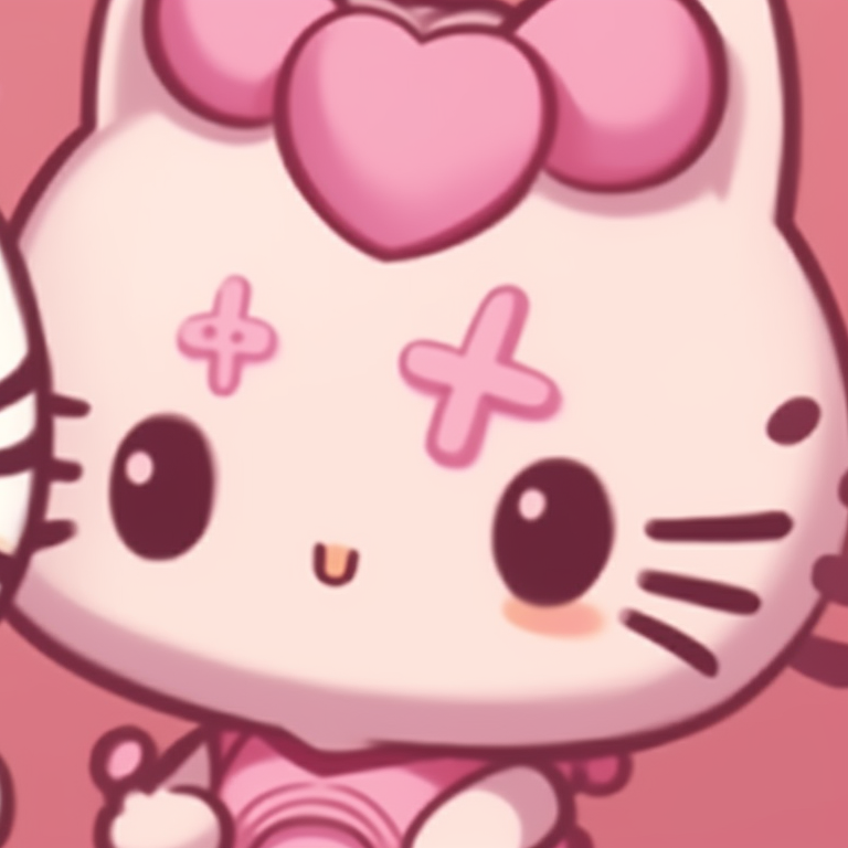 Two Hello Kitty characters connected by a cute item, clear lines and joyful expressions. cute matching hello kitty pfp pfp for discord.