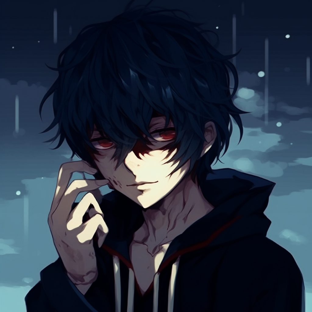 Rain-drenched emo anime protagonist leaning against a wall, detailed droplets and a sorrowful expression. aesthetically pleasing emo anime pfp