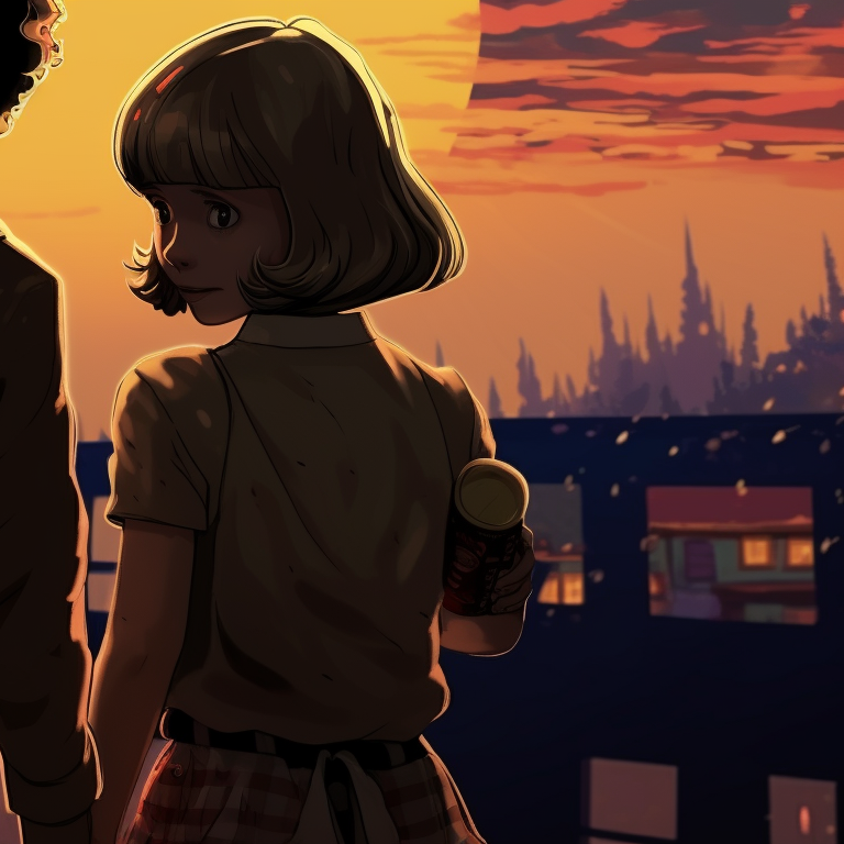 Joyce Byers and Hopper, sharing a single flashlight beam, high contrast and heavy shadows adding a ghostly effect. stranger things matching pfp featuring halloween theme concept pfp for discord.