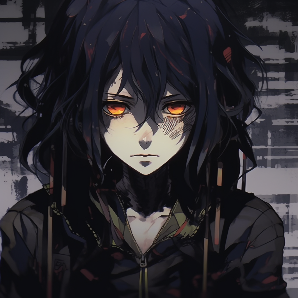 Iconic anime scene grittily reinterpreted in grunge style, conveyed through rough textures and distinctive layering of deep color tones. appealing anime grunge pfp aesthetics pfp for discord.