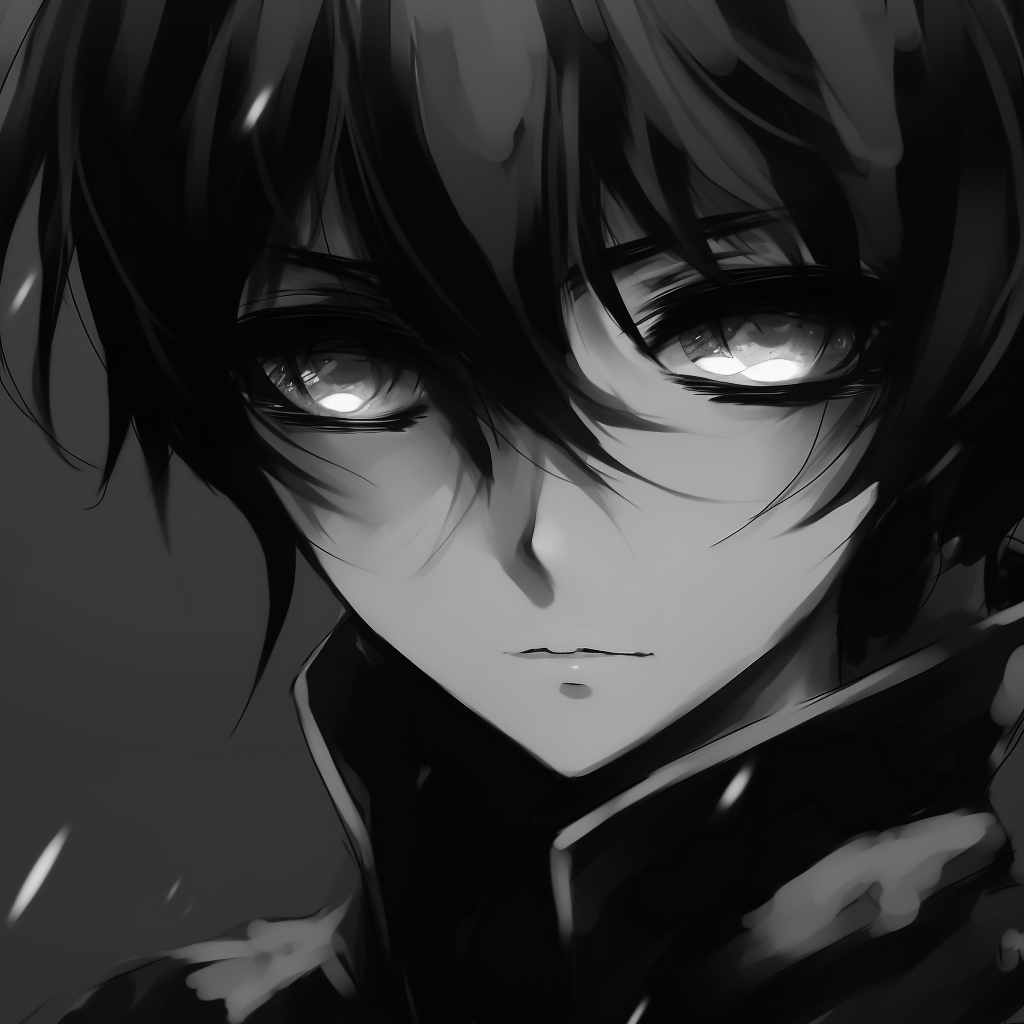 Close-up of Lelouch's eye in monochrome, demonstrating detailed shading and bold linework. modern anime black and white pfp