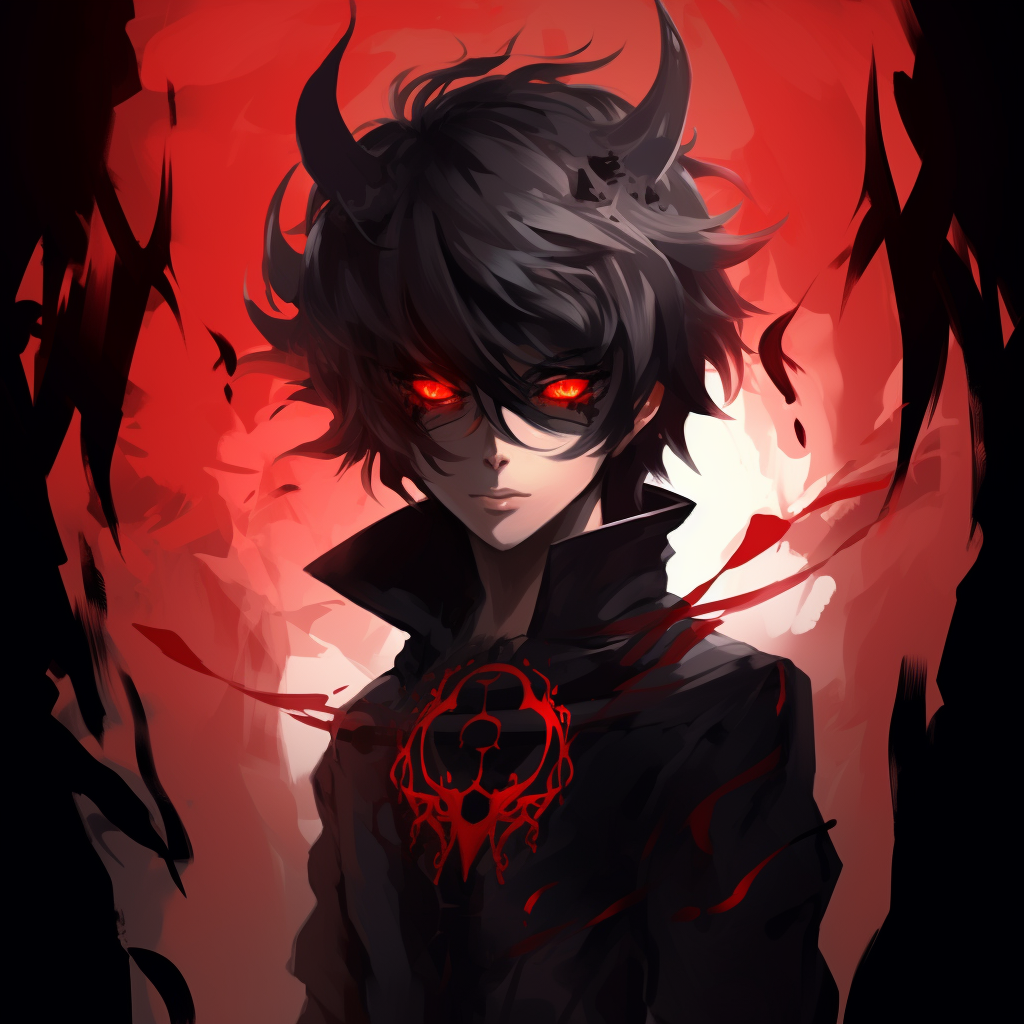 A demonic character smirking, detailed facial expression with dark tones. demonic anime pfp for characters pfp for discord.