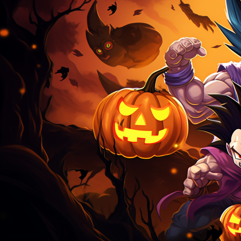 A silhouette of Goku and Vegeta against a haunted house, heavy use of dark tones and comprehensive detail on the haunted house. dragon ball halloween matching pfp theme pfp for discord.