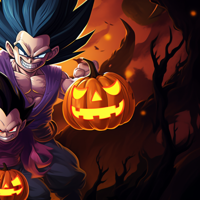 A silhouette of Goku and Vegeta against a haunted house, heavy use of dark tones and comprehensive detail on the haunted house. dragon ball halloween matching pfp theme pfp for discord.