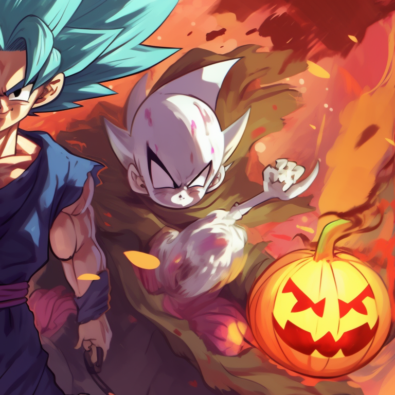 Goku and Vegeta dressed as iconic Halloween characters, guarding a graveyard, emphasized by muted, cooler tones and strong lines. goku and vegeta dragon ball halloween theme pfp pfp for discord.
