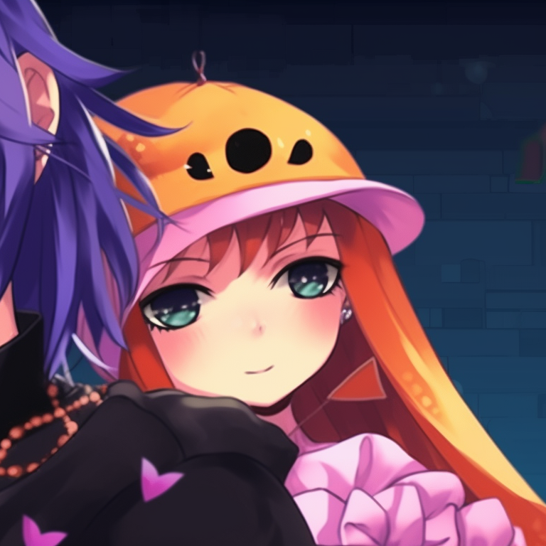 Obanai and Mitsuri, soft lighting and pronounced shadows adding a spooky touch to their Halloween costumes. mitsuri and obanai themed halloween matching pfps pfp for discord.