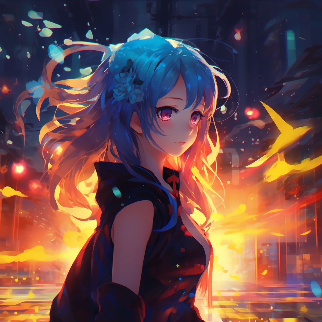 Profile image of an anime girl, surrounded by a glowing mystical aura. Vibrant colors flow from her form. 4k anime girl profile picture