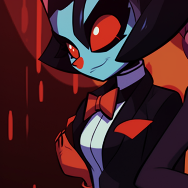 Moxxie and Millie in matching suits, vibrant colors and sharp lines, leaning into each other. creative helluva boss moxxie and millie pfp pfp for discord.