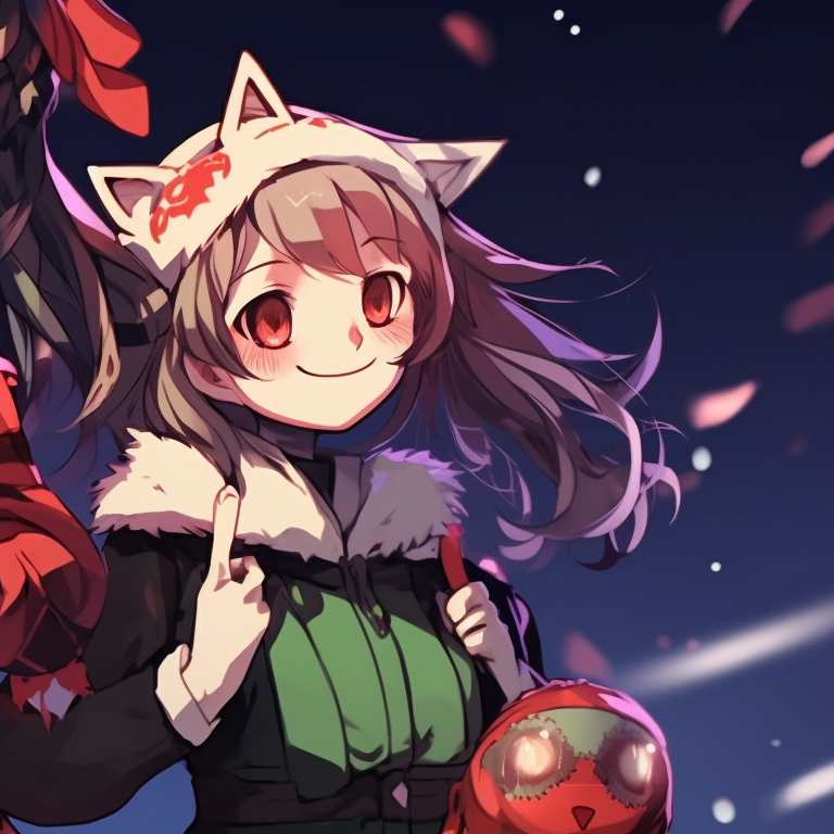 Two Demon Slayer characters in matching festive outfits, poised ready to battle. matching christmas demon slayer pfp outfits pfp for discord.