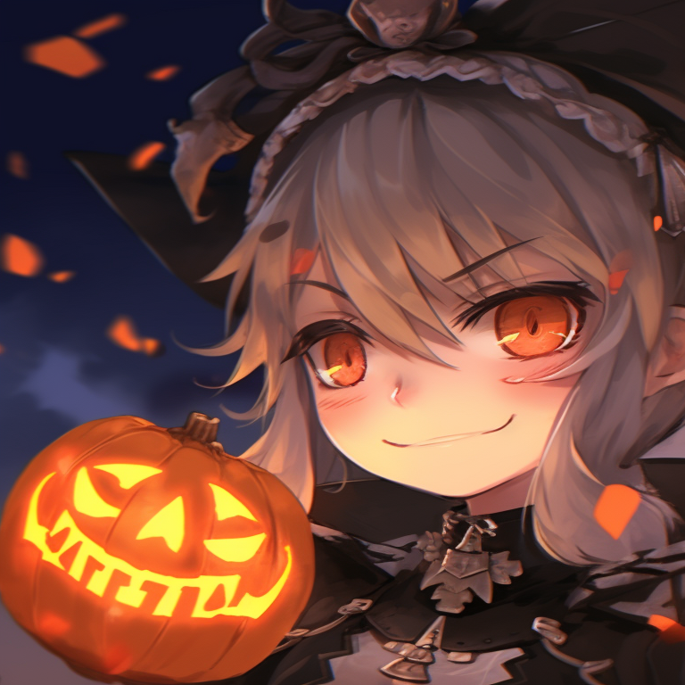 Two characters amidst glowing pumpkins, subtle orange tint and smiling faces. trending matching genshin pfp halloween theme pfp for discord.