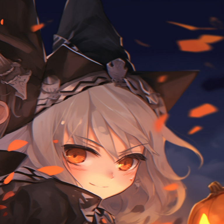 Two characters amidst glowing pumpkins, subtle orange tint and smiling faces. trending matching genshin pfp halloween theme pfp for discord.