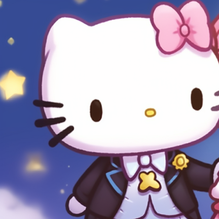 Close-up of Hello Kitty and Dear Daniel, painted with glittery stars and fine details. adorable matching hello kitty pfp pfp for discord.