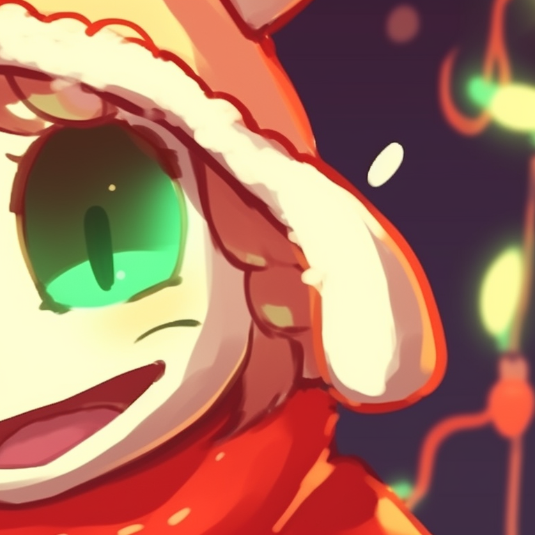 Asriel in a Santa hat, vibrant colors and minimalist style, smiling with twinkling Christmas lights. matching asriel christmas pfp designs pfp for discord.
