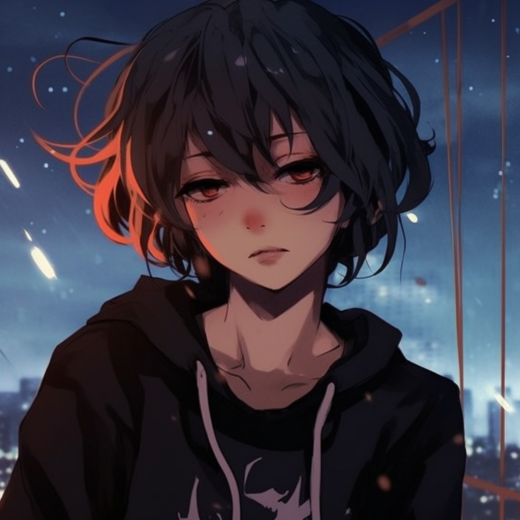 Anime character distraught under the starlight, noticeable through twinkling star details and contrasting dark shades. anime depressed pfp: unique variants pfp for discord.
