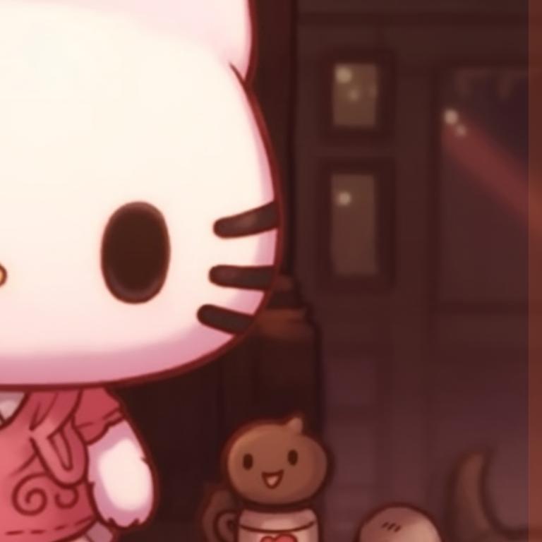 Two characters inside a Hello Kitty-styled bubble, warmly huddled together with soft colors. hello kitty themed matching pfp pfp for discord.