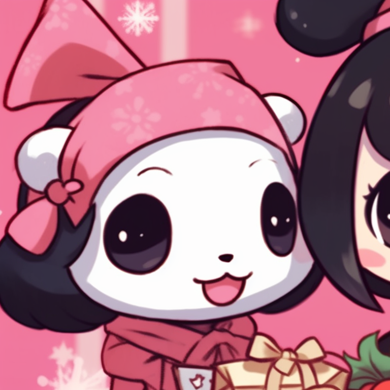 Characters strolling amidst a snowy landscape, pastel color scheme and soft shading. matching kuromi christmas pfp themes pfp for discord.