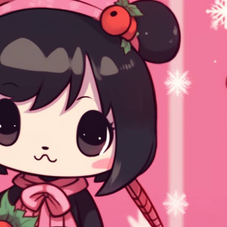 Characters strolling amidst a snowy landscape, pastel color scheme and soft shading. matching kuromi christmas pfp themes pfp for discord.