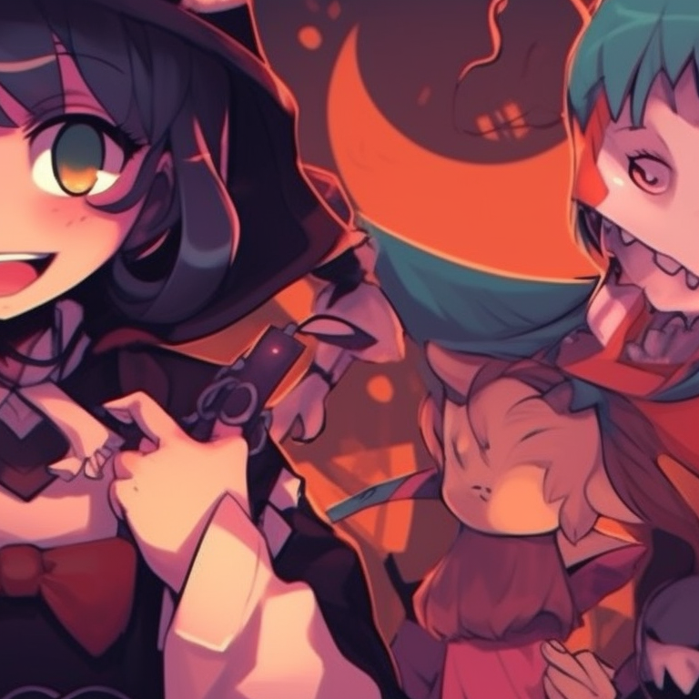 Two characters with spooky makeup, detailed designs and dark colors. group themed halloween pfp ideas pfp for discord.