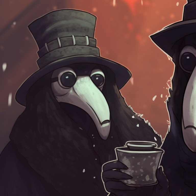Two plague doctors decorating a Christmas tree, their outfits adorned with matching tiny bells and holly. matching plague doctor pfp festive season pfp for discord.