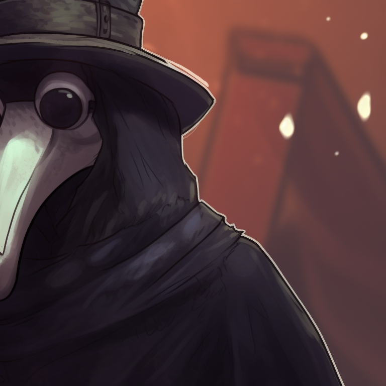 Two plague doctors decorating a Christmas tree, their outfits adorned with matching tiny bells and holly. matching plague doctor pfp festive season pfp for discord.