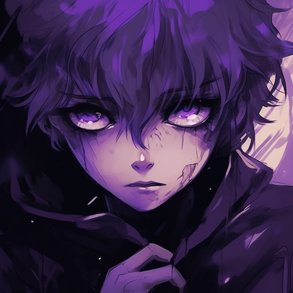 Profile picture of a manga character basked in purple moonlight, with intense detail on reflection and lighting. purple anime art pfp pfp for discord.