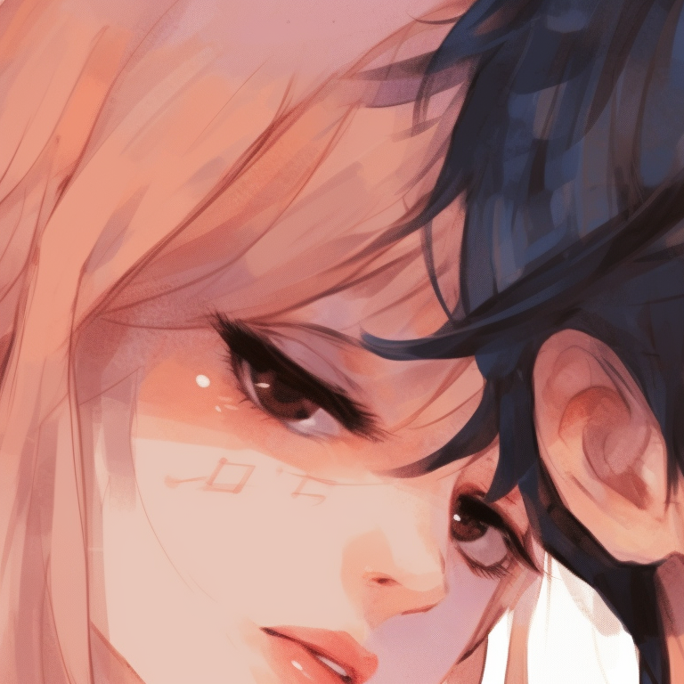 Two characters in slight touch, eye-contact, watercolor style with soft hues. pfp matching for couple models pfp for discord.