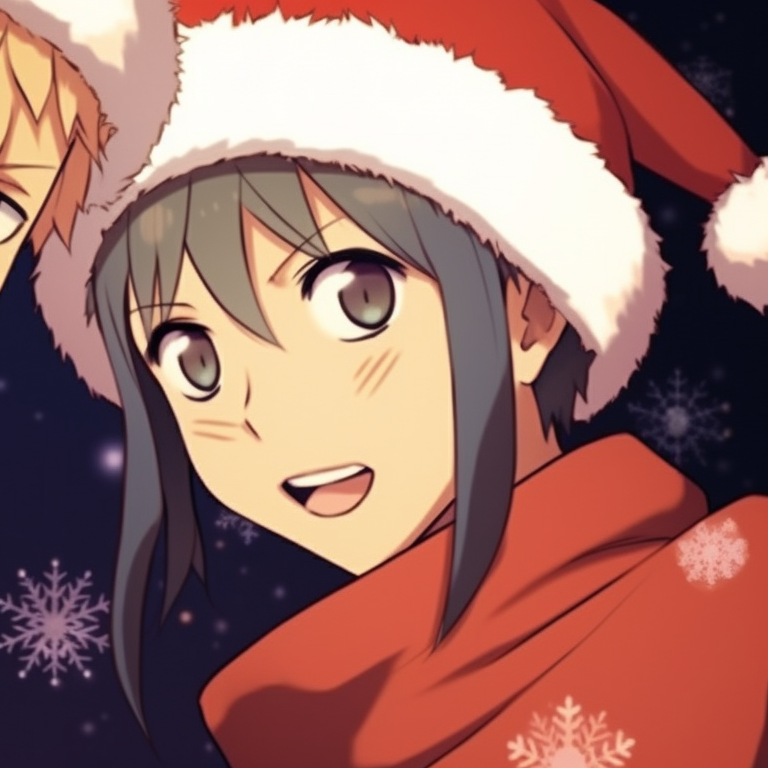 Two Naruto characters, Christmas headbands and red attire, leaning on each other. notable matching christmas pfp from naruto anime pfp for discord.