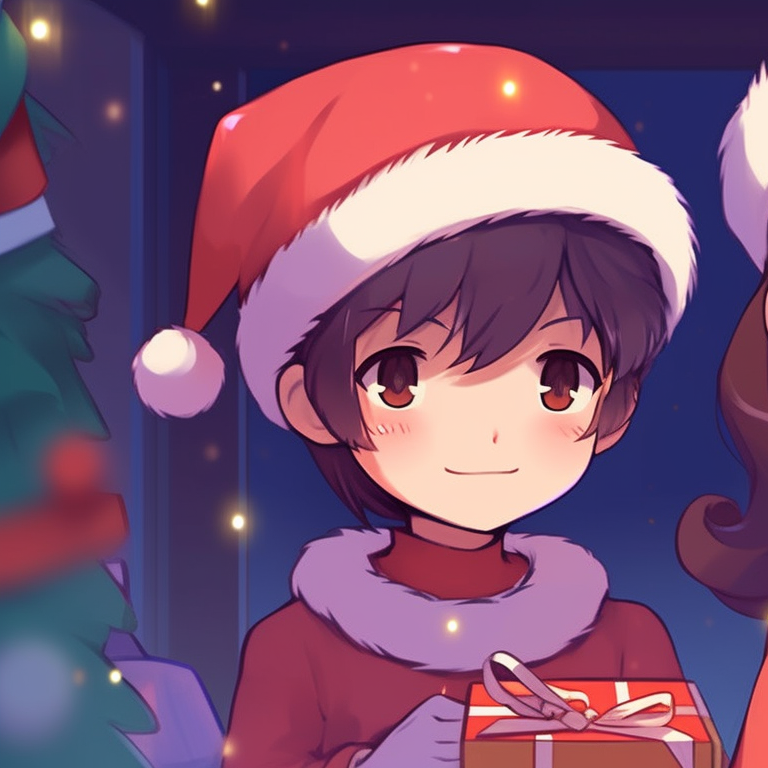 Two pixelated characters, in elf costumes, packing gifts together. matching christmas pfp background for pixel art pfp for discord.