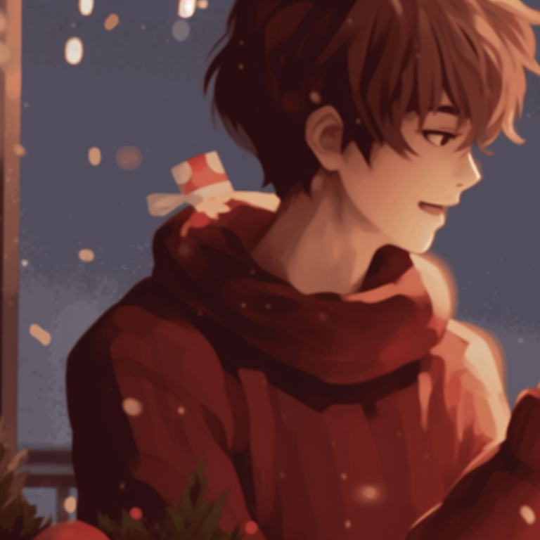 Two characters in comfy robes, soft colors and atmospheric lighting, sharing a peaceful moment by a fireplace. cozy matching gif christmas pfp pfp for discord.