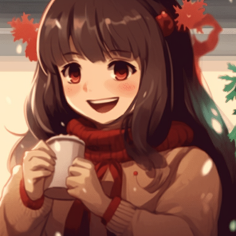 Two characters in Santa hats, energetic lines and vibrant colors, exchanging gifts. cozy matching gif christmas pfp pfp for discord.