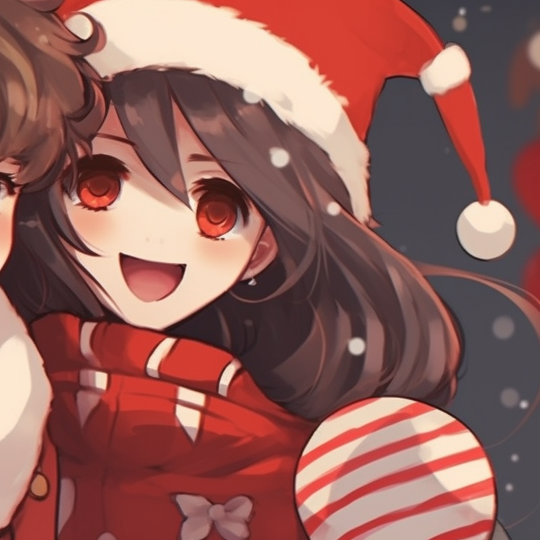 Two characters holding candy canes, traditional colors and festive outfits. classy matching christmas aesthetic pfp pfp for discord.